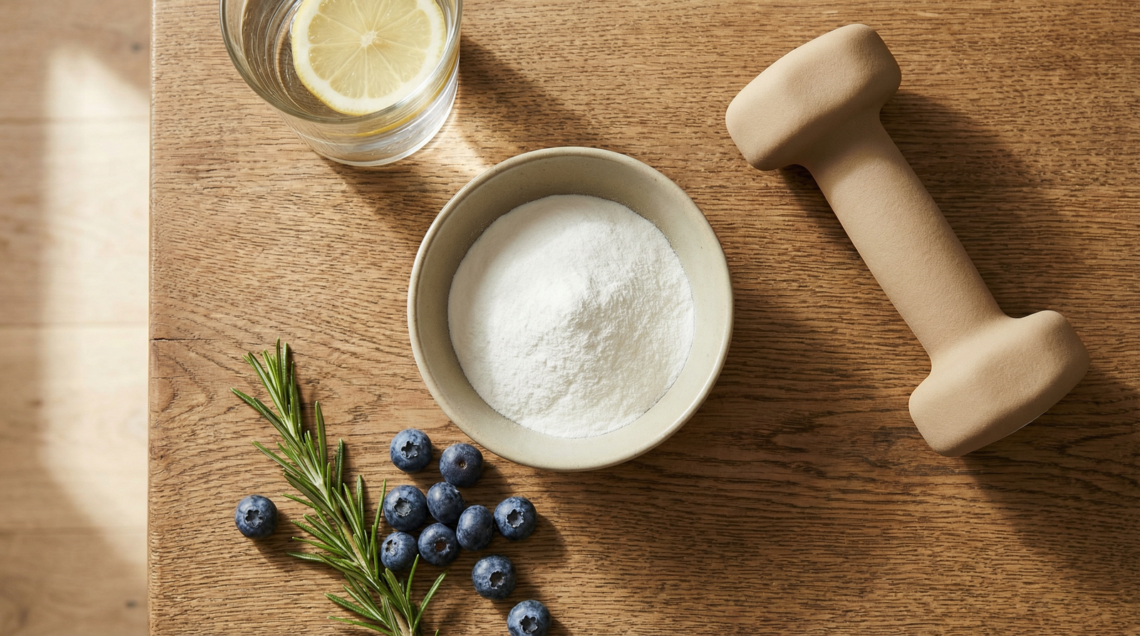 Creatine powder, blueberries, and wellness essentials on a wooden surface