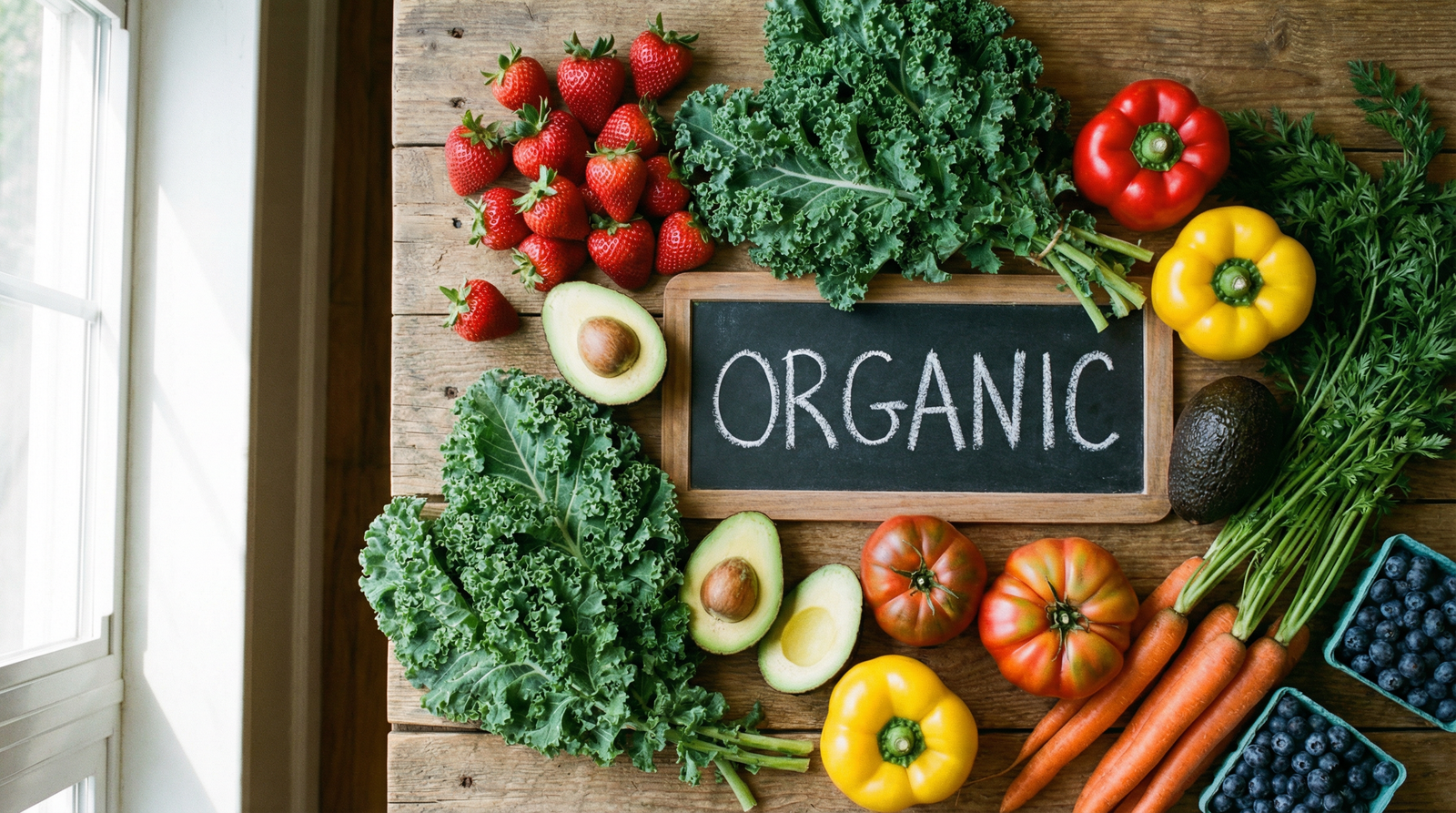 Fresh organic produce on a rustic wooden table