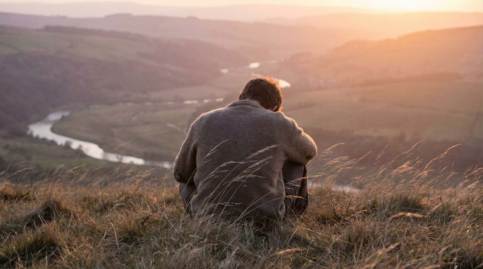 Person sitting peacefully on a hillside at golden hour